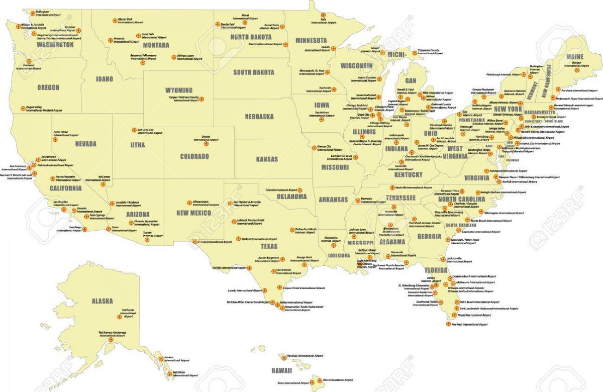 карте крупных аэропортов США